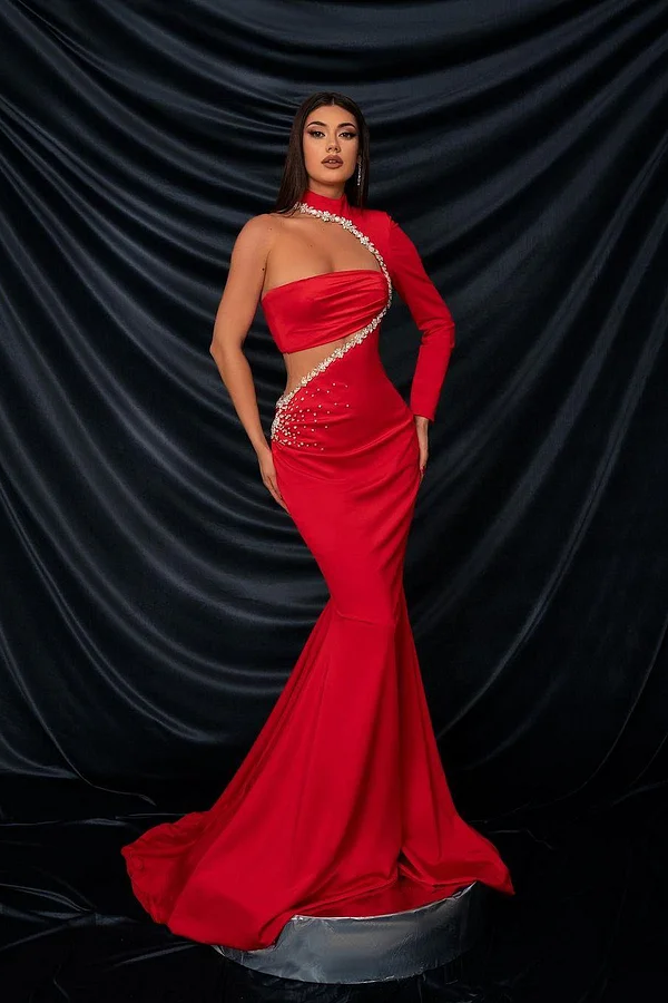 Daisda Chic Red High Neck One Shoulder Cutout Mermaid Prom Dress