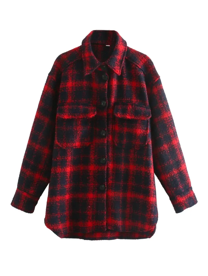 Stylish Chic Coffee-Beige Plaid Shirt Jacket Women Fashion Turn-down Collar Pockets Buttons Coat Girls Chic Streetwear