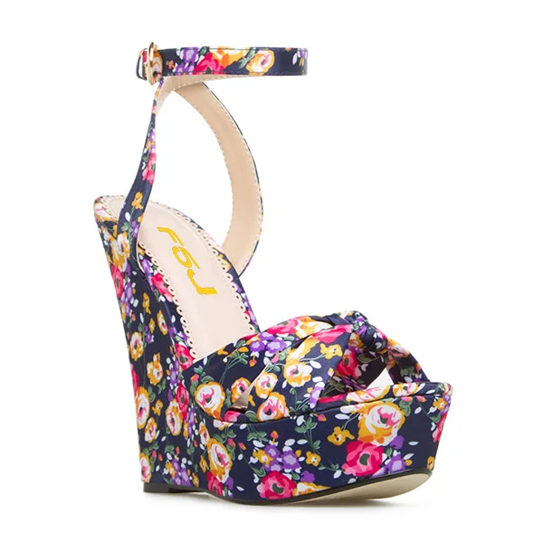 Floral Heels Ankle Strap Wedge Sandals with Platform