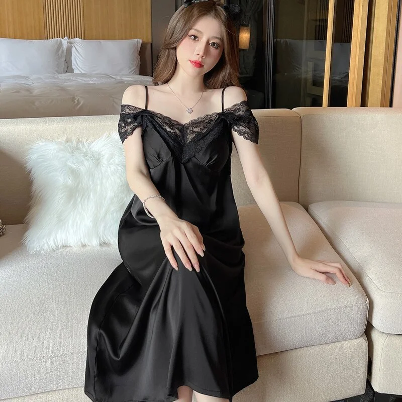 Elegant Sleepwear Nightgown Court Style Long Nightdress Nightwear Spring Summer Women  Lace Off Shoulder Home Dress Bathrobe