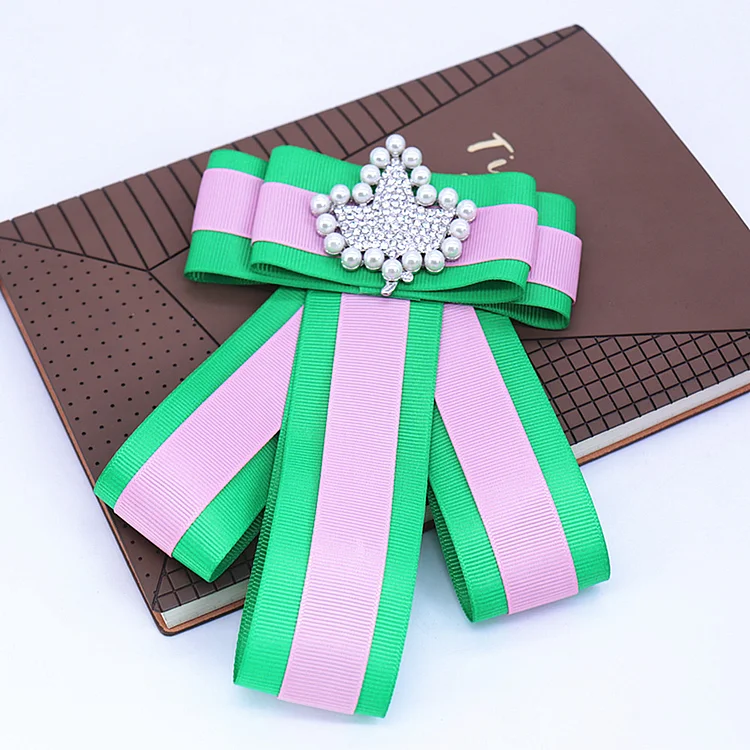 New Design 2 Layers Pink Green Grosgrain Ribbon Alloy Inlaid Sorority Member Soror Alpha Maple Leaf Bow Knot Brooch For Garment