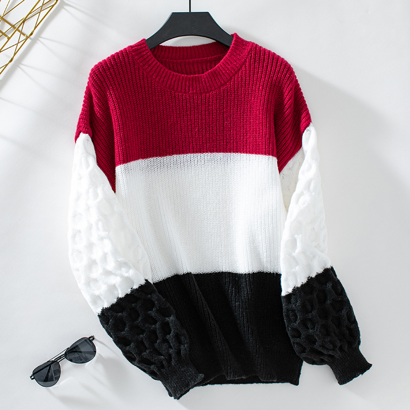 Mature Women Fashion Sweater Round Neck Long Sleeve Casual Contrast Color Pullover