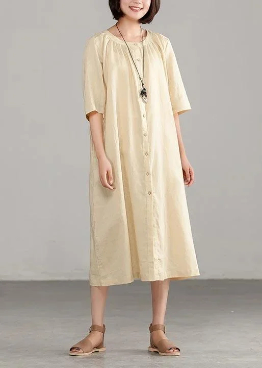 French Linen Dress Short Sleeve Round Neck Commuter Dress