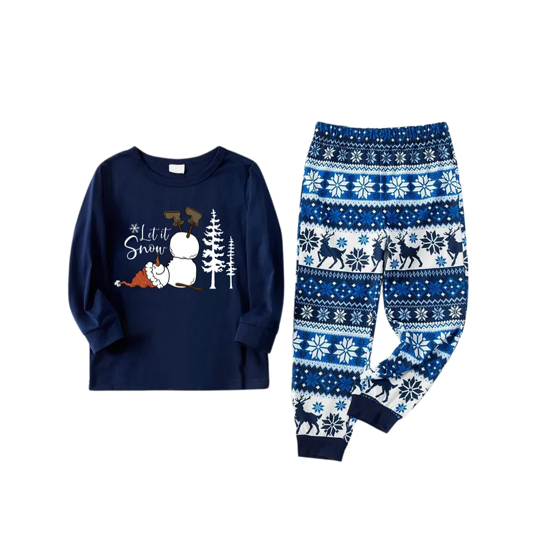 "Let it Snow" Slogan and Snowman Printed Blue Christmas Matching Pajamas