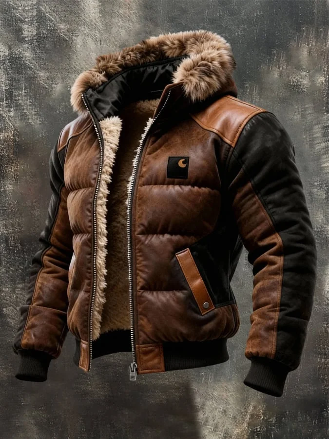 Herren-Retro-Steppjacke mit doppellagigem Kragen, warm gef&uuml;ttert mit Baumwolle / Outdoorjacke 