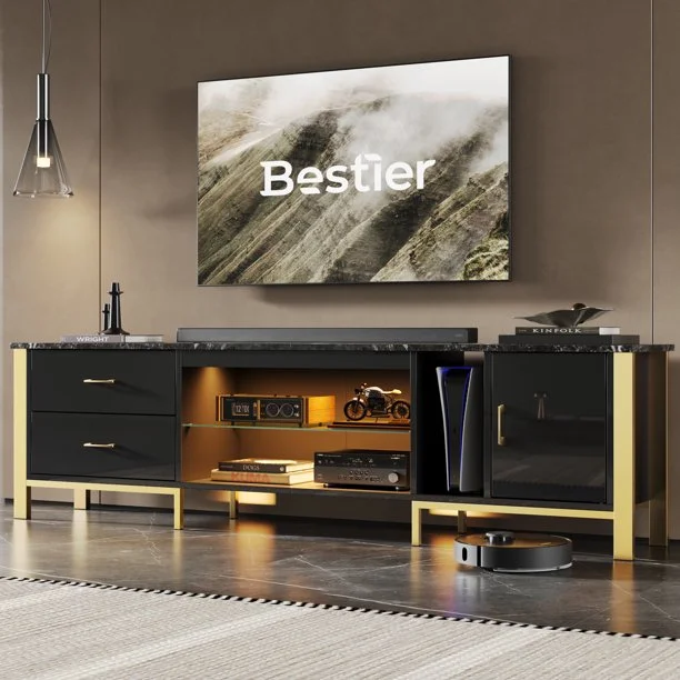 Bestier Modern TV Stand Entertainment Center for TVs up to 85" with LED Lights & 2 Drawers