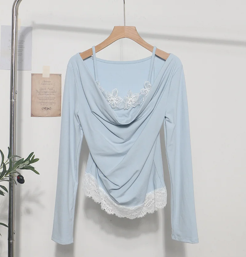 Nigikala Nigikala Autumn Fake Two Lace Lace Collar Folding Long Sleeves Slimming Bottom T-Shirt Top Woman 2532