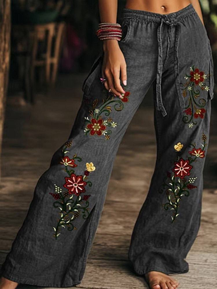 Women's Embroidered Floral Printed Linen Blend Casual Pants