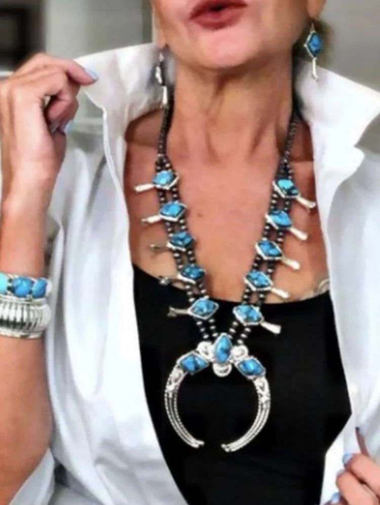Bohemian Turquoise Inlay Detail Alloy Layered Beaded Necklace