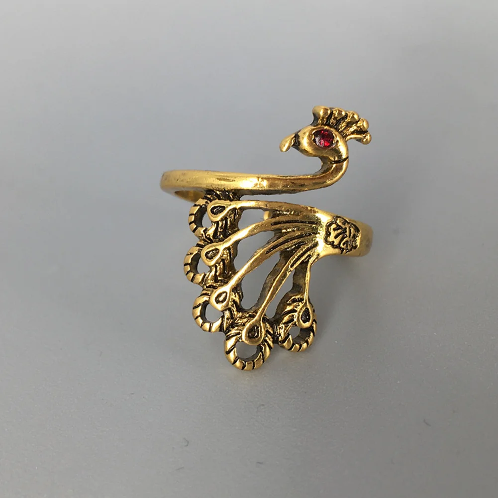 Women Vintage Alloy Ring Adjustable Thimble Crochet Loop (Red Peafowl)