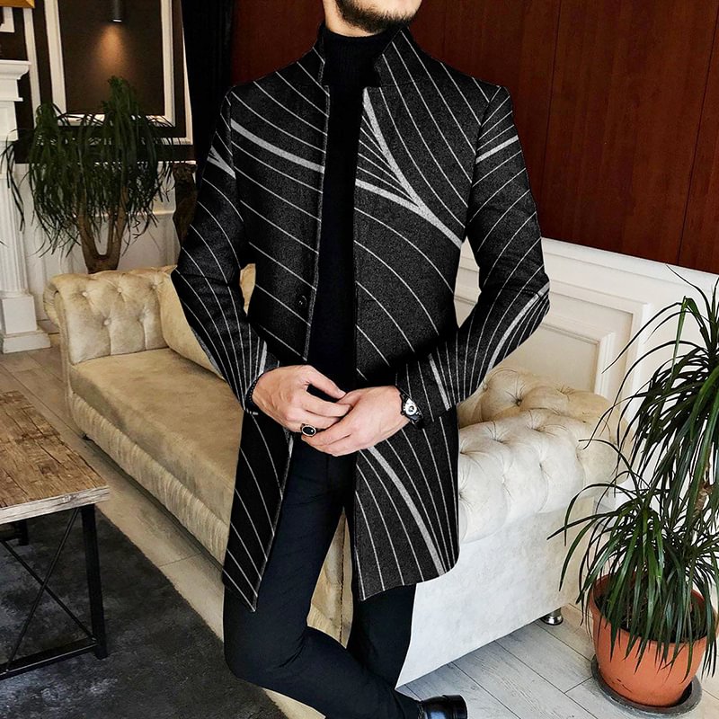 Men's Abstract Line Stand Up Collar Tweed Coat