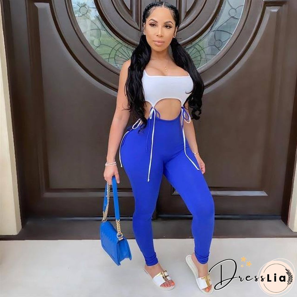 Hollow Out Patchwork Jumpsuit Rompers Trousers New Sexy Women Sleeveless Bodycon Jumpsuit Summer Sports Long Pants Jumpsuit