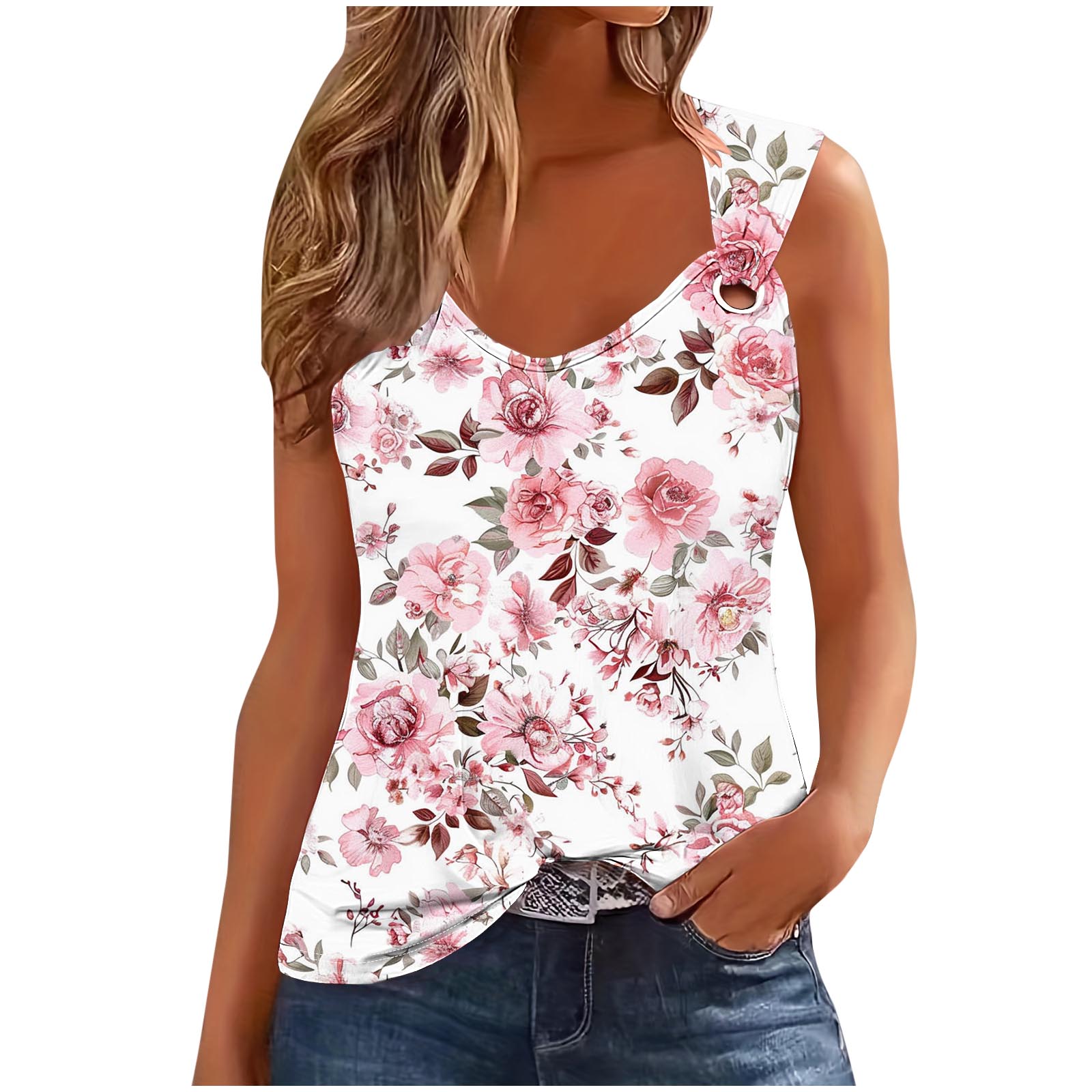 Luxylanellc Fashionable Women's T-shirt Plant Floral Print Summer Metal Buckle Sleeveless Hollou Out V-neck Vintage Tee TShirt Women Tops