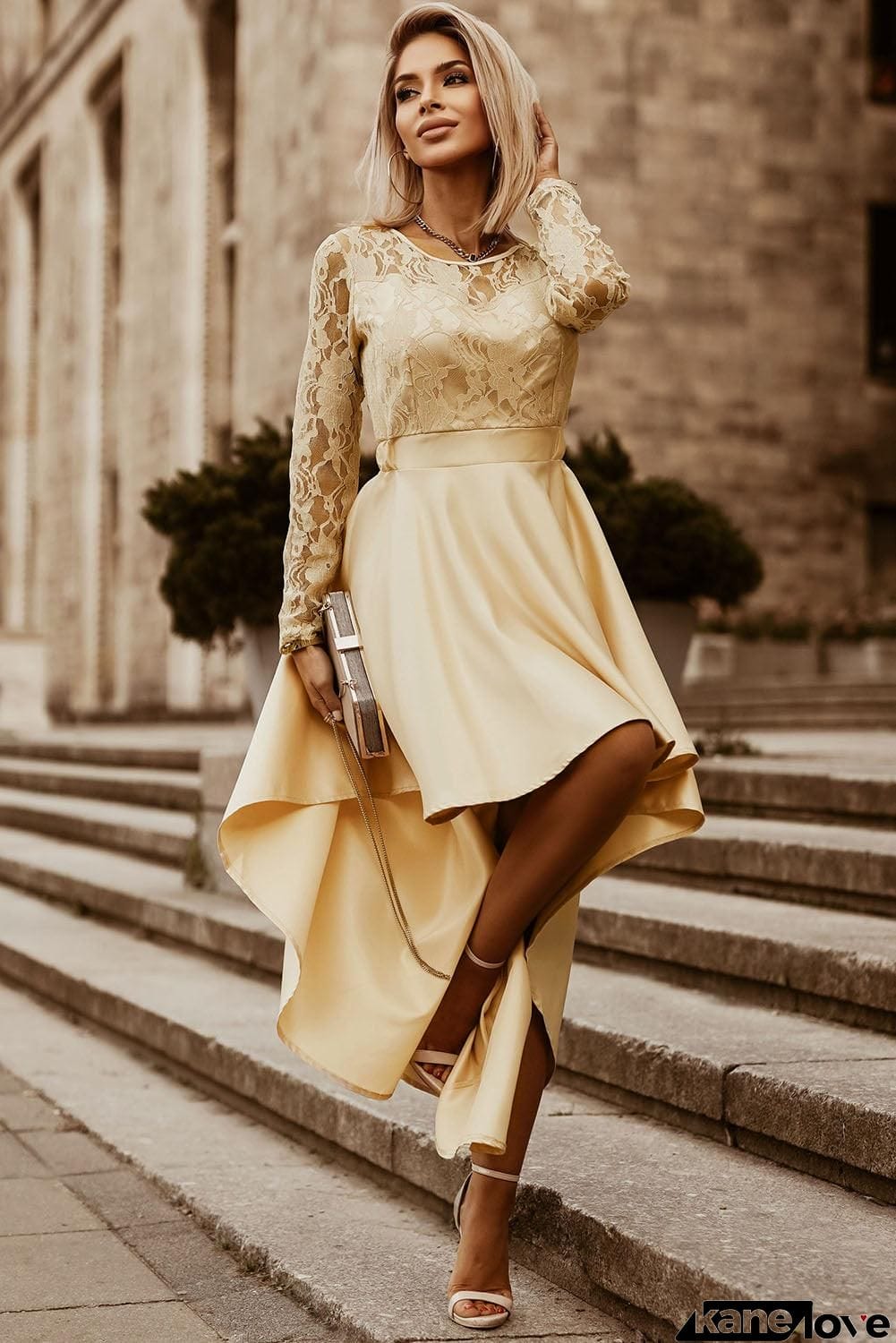 Spliced Lace High-Low Long Sleeve Dress