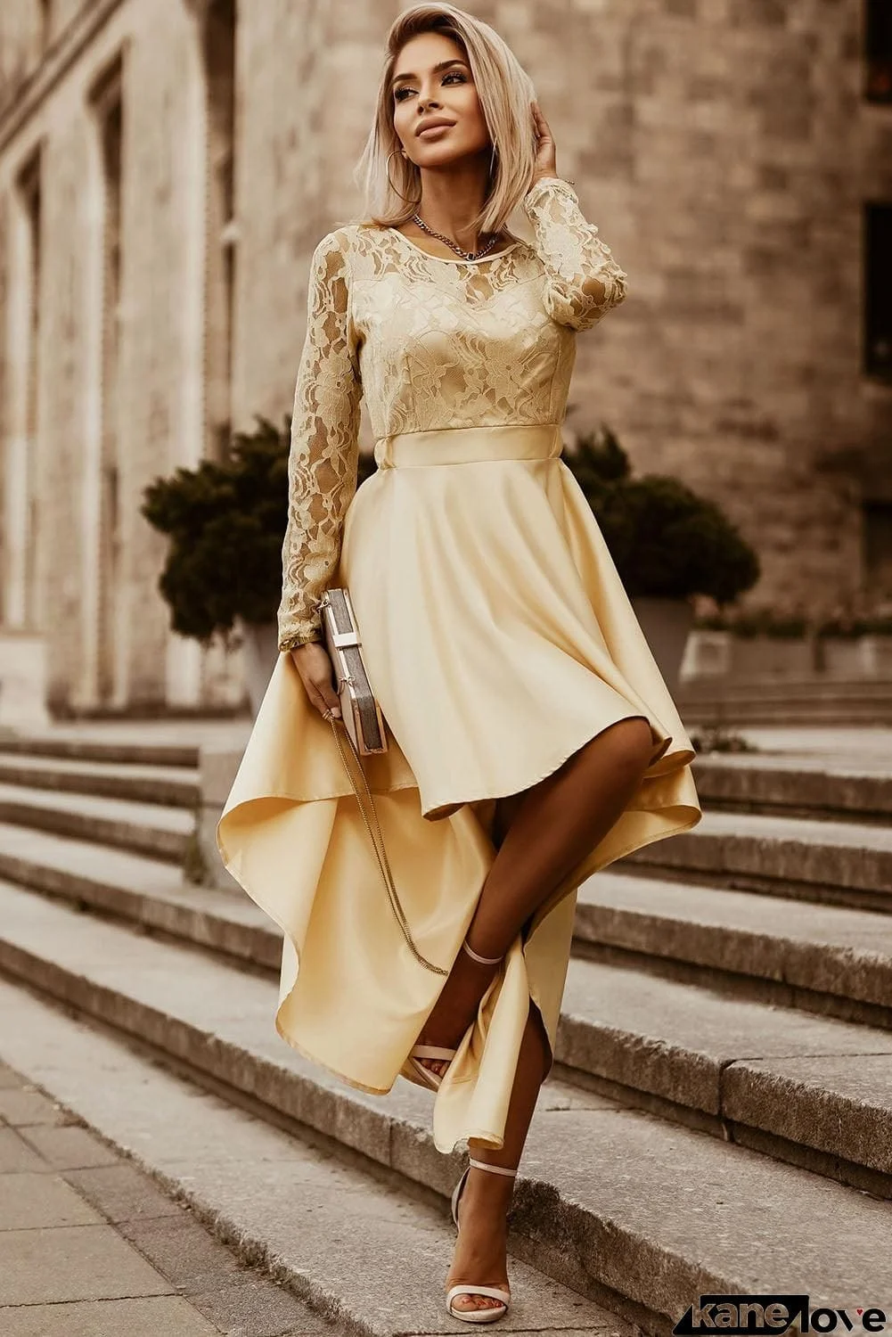 Spliced Lace High-Low Long Sleeve Dress