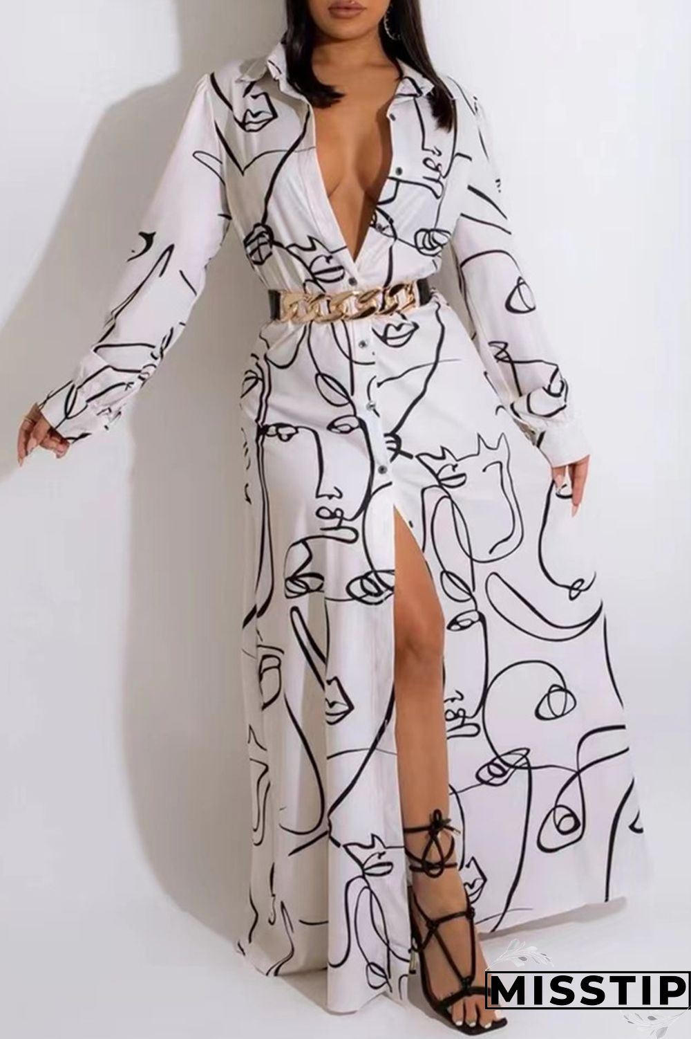 White Fashion Casual Print Basic Turndown Collar Shirt Dress (Without Belt)