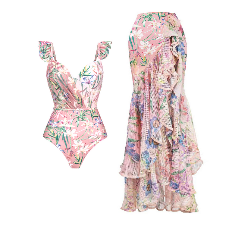 Morisly Floral Print One Piece Swimsuit and Mesh Splicing Sarong