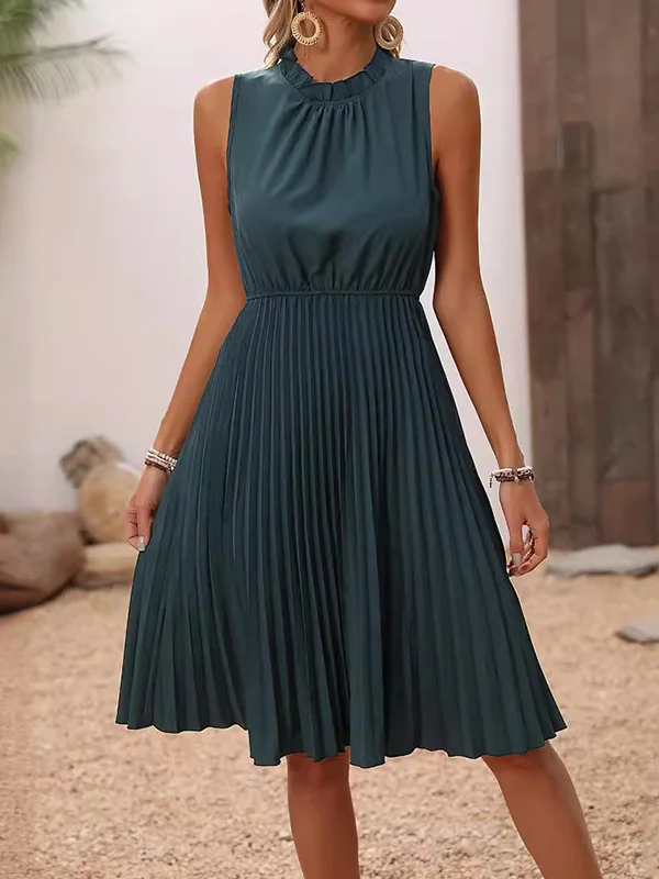 A-Line Loose Elasticity Pleated Solid Color Split-Joint Mock Neck Midi Dresses
