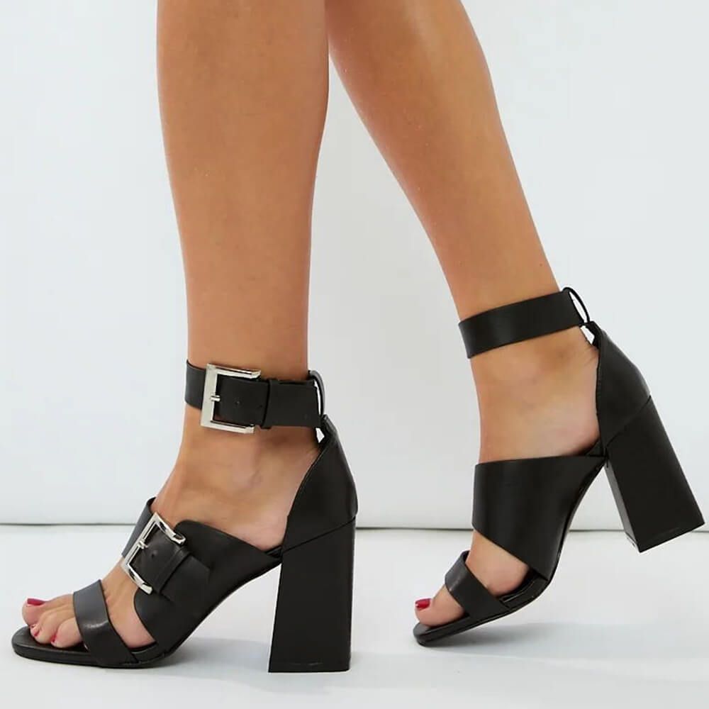 Classic Black Square Toe Buckle Strap Chunky Heel Women Sandals Nicepairs