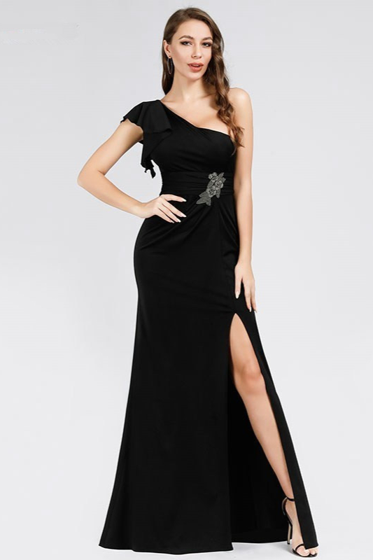 Chic One Shoulder Prom Dresses Black Evening Gowns With Slit - lulusllly