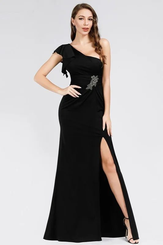Sexy One Shoulder Prom Dresses Black Evening Gowns With Slit