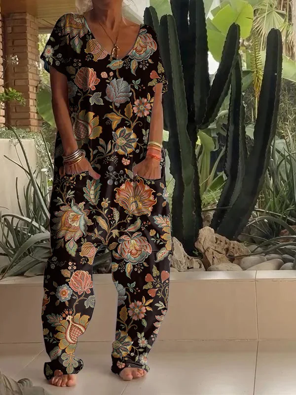 Casual Retro Floral Print V Neck Jumpsuit
