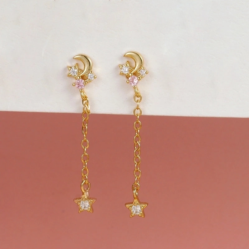 1 Pair Ig Style Star Moon Chain Inlay Copper Zircon Drop Earrings