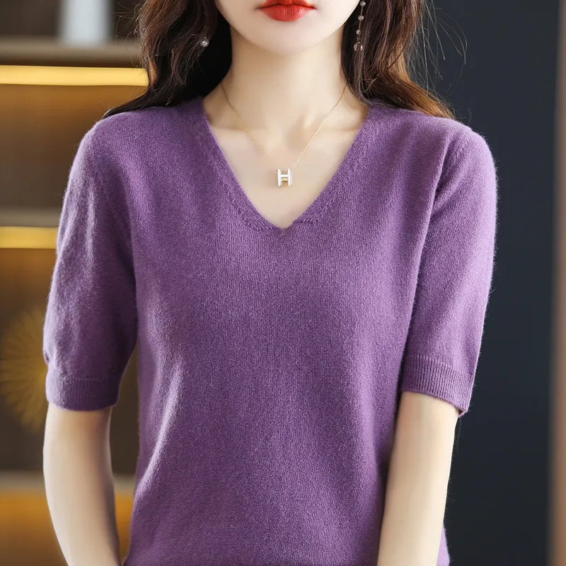 Churchf Churchf 2024 New Short-Sleeved Sweater Women's T-Shirt Solid Color V-Neck Short-Sleeved Bottom Shirt Top Thin Style A Hair