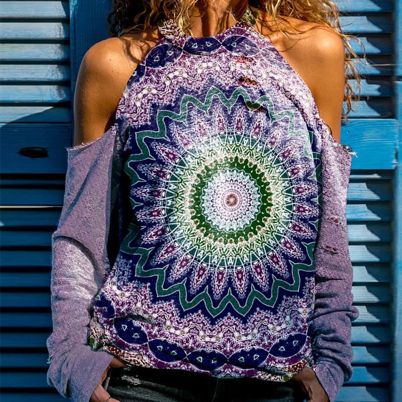 Purple Ethnic style Off Shoulder Women's Graphic Tees