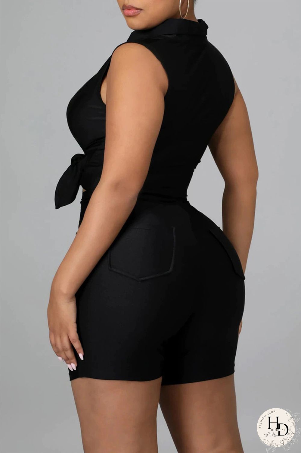 Black Fashion Casual Solid Basic Turndown Collar Sleeveless Two Pieces