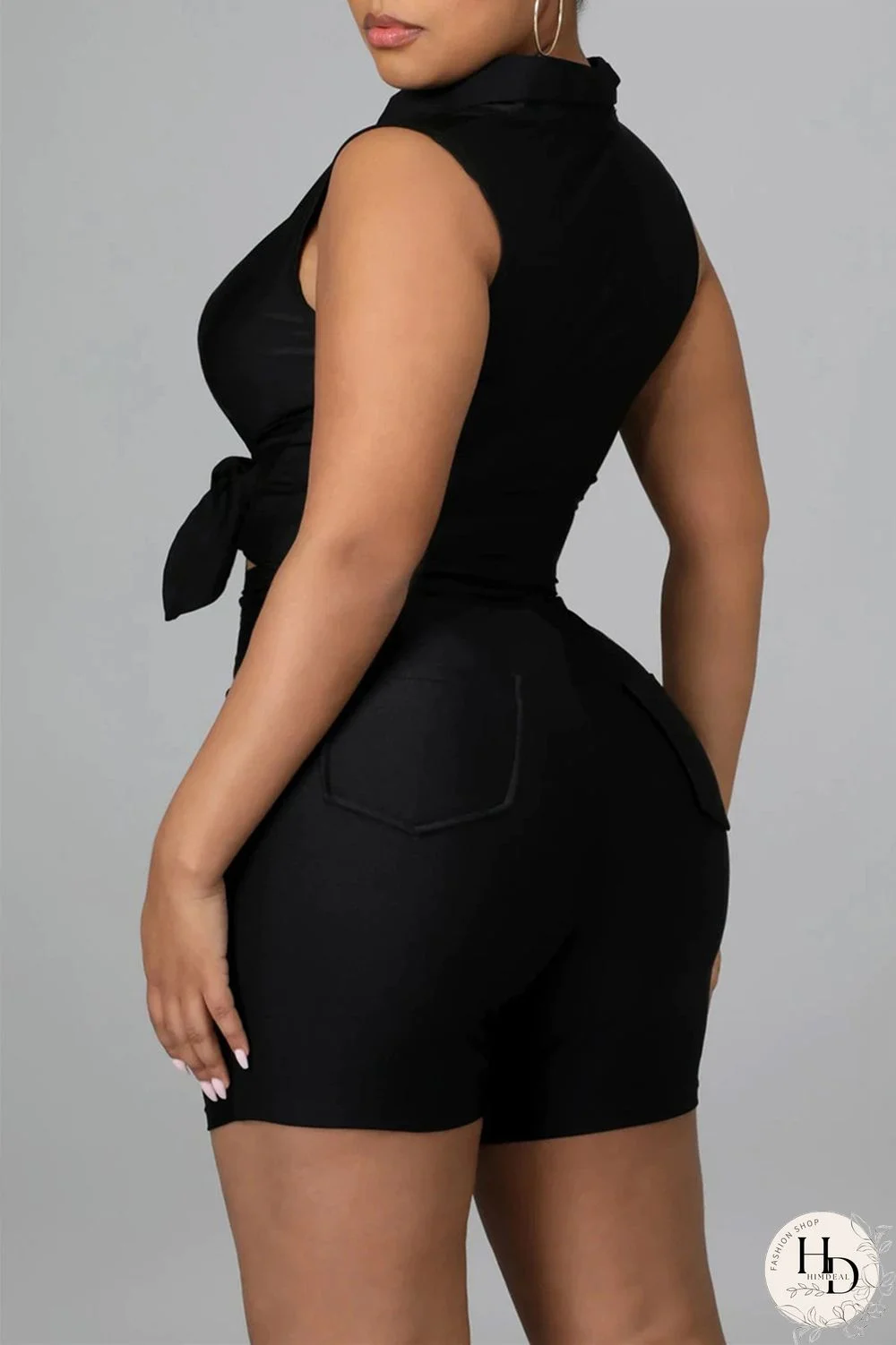 Black Fashion Casual Solid Basic Turndown Collar Sleeveless Two Pieces