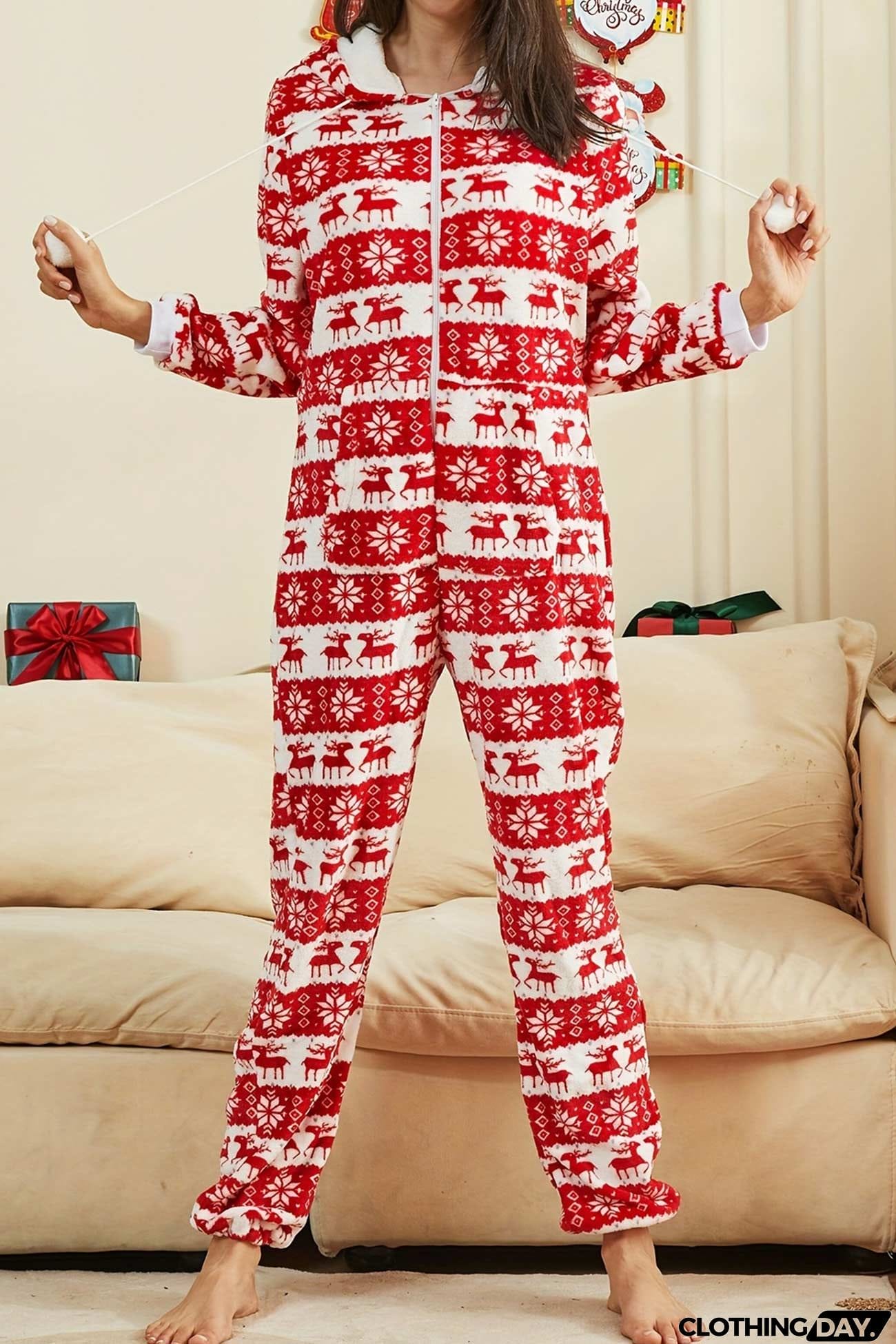Christmas Printed Zipper Hooded Jumpsuits