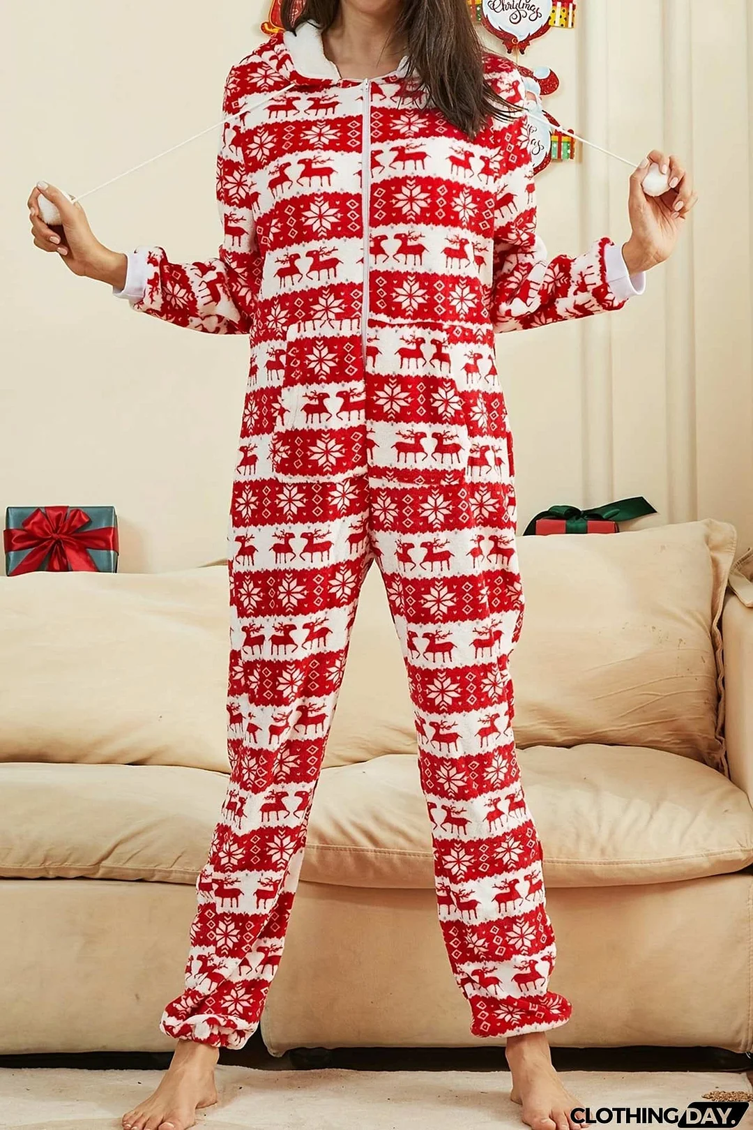 Christmas Printed Zipper Hooded Jumpsuits