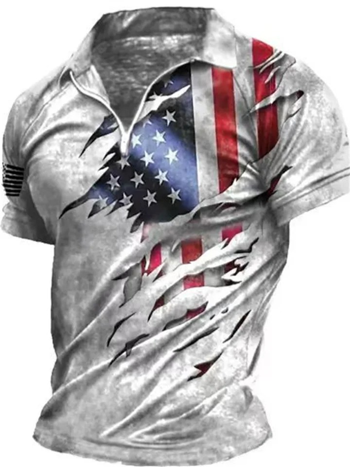 Men's Zip Polo Polo Shirt Golf Shirt Graphic Prints National Flag Turndown Black-White Black Red Khaki Gray Outdoor Street Short Sleeves Zipper Print Clothing Apparel Fashion Designer Casual