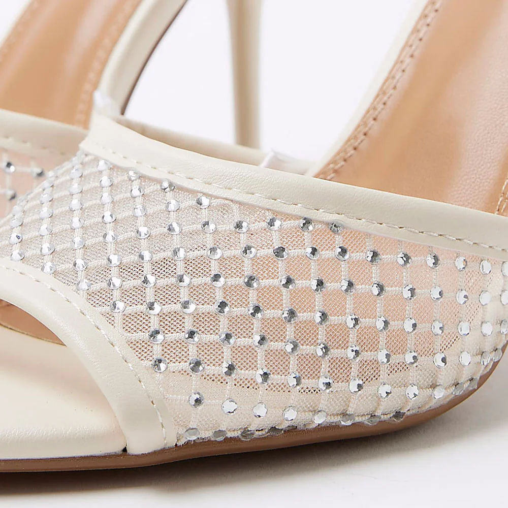Ivory Rhinestone Mesh Open Toe Stiletto Heel Mules Sandals