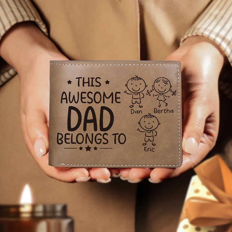 3 Names-Personalized Doll Customized Leather Men's Wallet Customized Name Folding Wallet With Gift Box for Dad