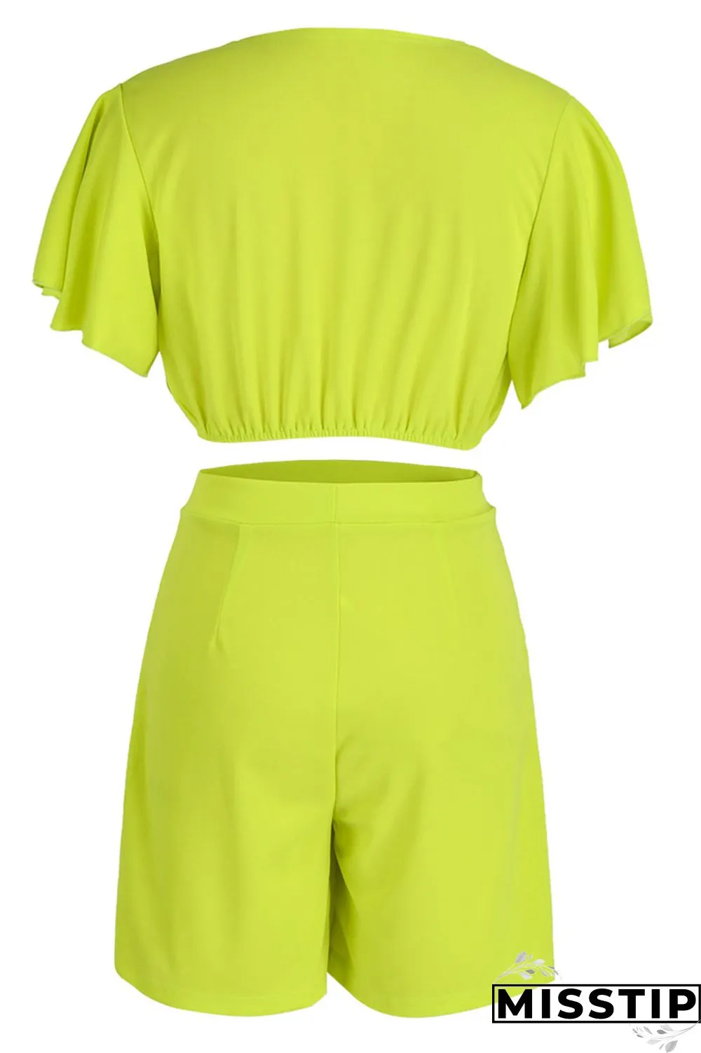 Yellow Casual Solid Patchwork Flounce V Neck Short Sleeve Two Pieces