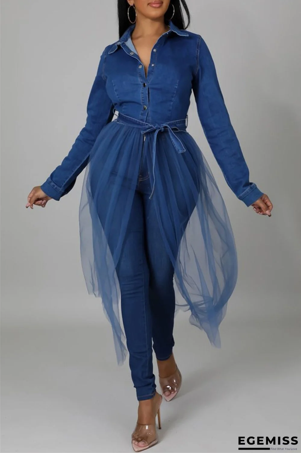 Blue Fashion Casual Solid Patchwork Turndown Collar Long Sleeve Regular Denim Jacket | EGEMISS