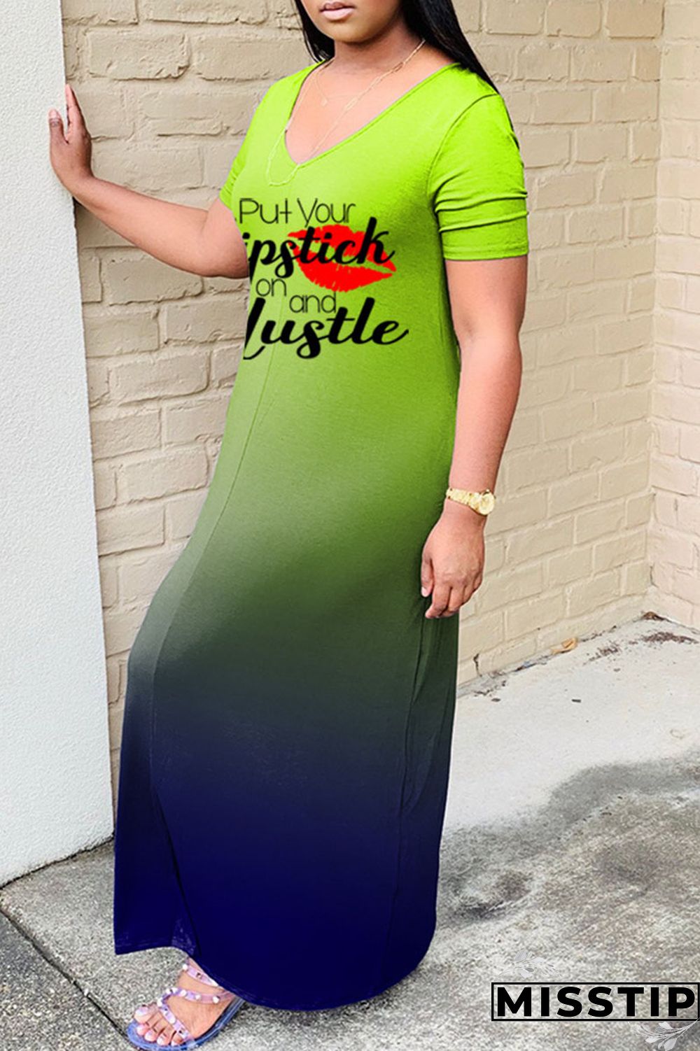 Green Fashion Casual Gradual Change Letter Print Basic V Neck Short Sleeve Dress