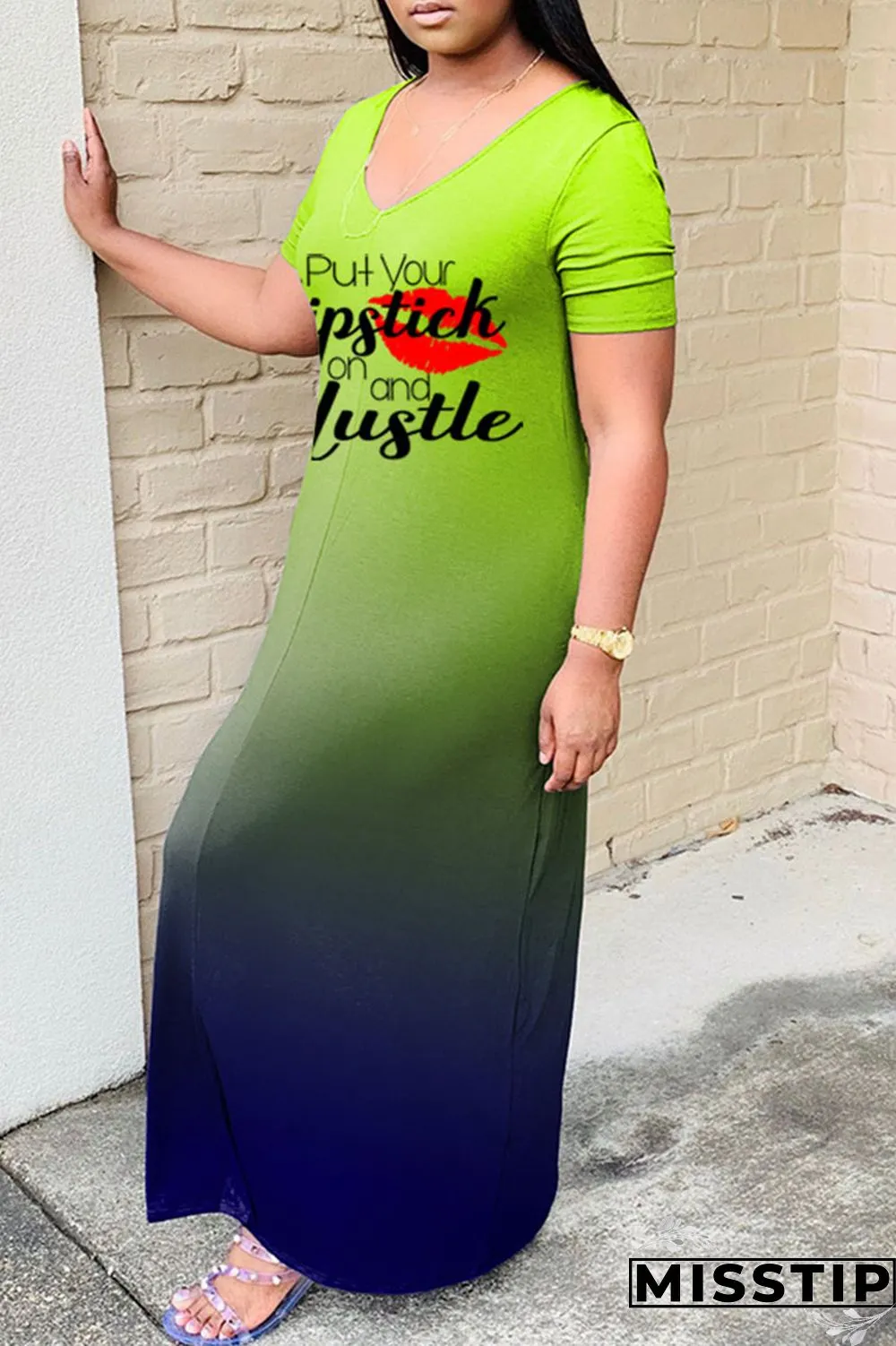Green Fashion Casual Gradual Change Letter Print Basic V Neck Short Sleeve Dress