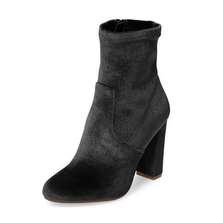 Black Chunky Heel Boots Velvet Short Fashion Sock Boots |FSJ Shoes