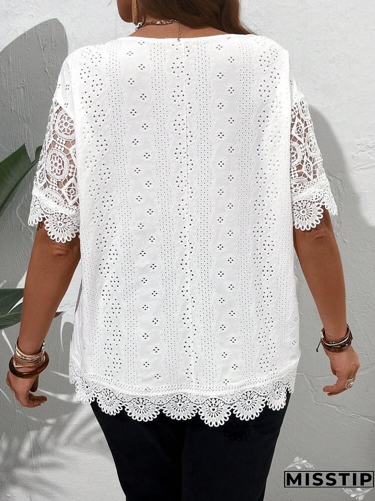 Plus Size Solid Color V-Neck Hollow Embroidery Elegant Short Sleeve Shirt, Summer