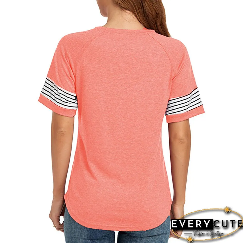 Pink Spliced Striped Short Sleeve Cotton Blend T-shirt