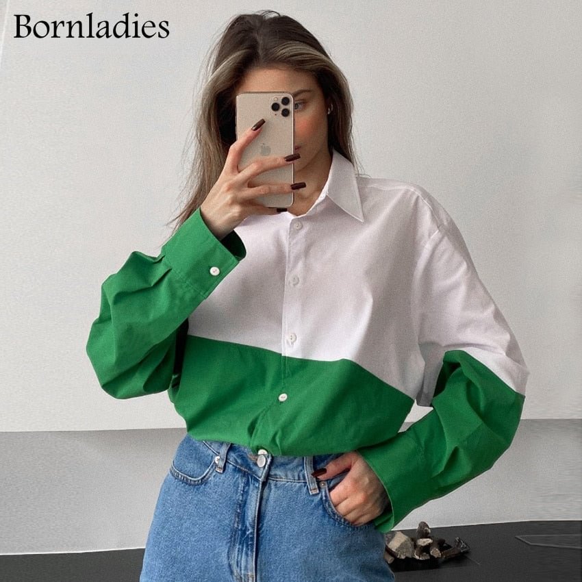 Bornladies Fashion Patchwork Shirts Women Long Sleeves Lapel Ladies Blouse Splicing White And Green Single-Breasted Streetwear