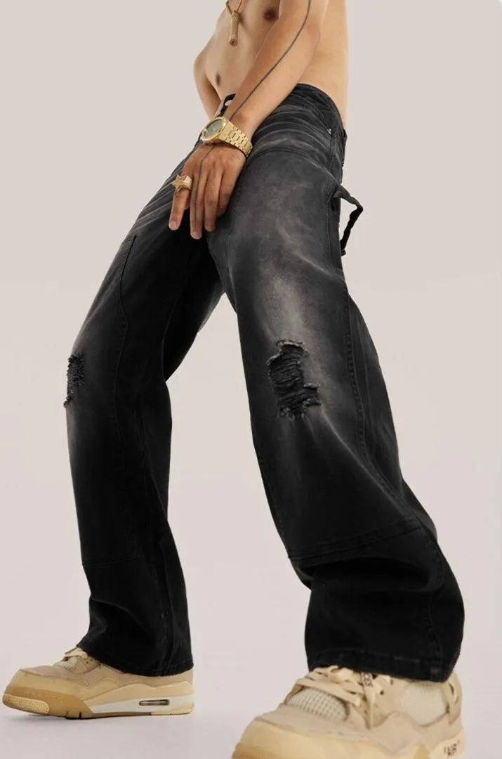 Brownm Rise Washed Distressed Jeans