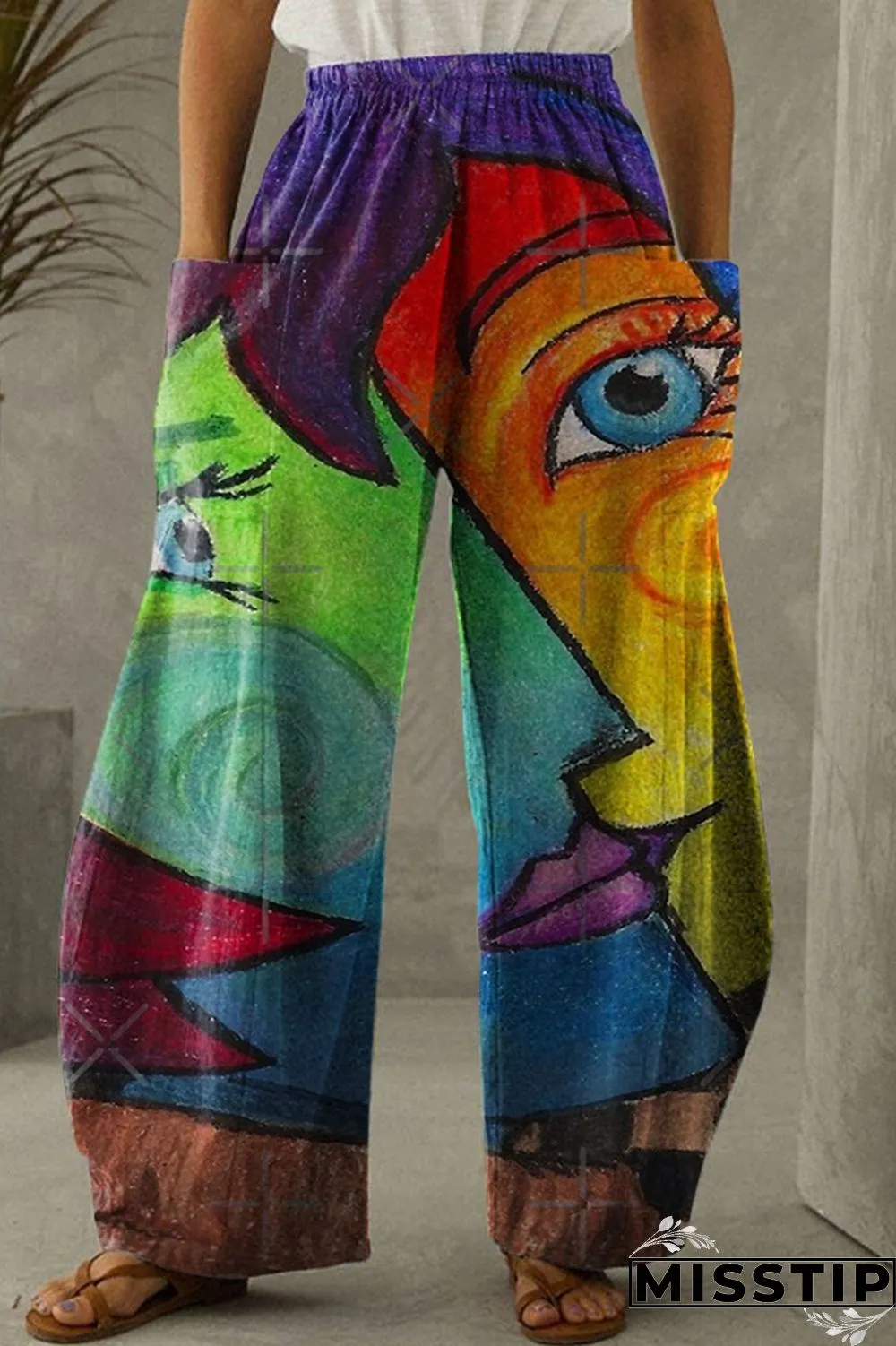 Light Gray Fashion Casual Print Patchwork Pocket Regular High Waist Trousers