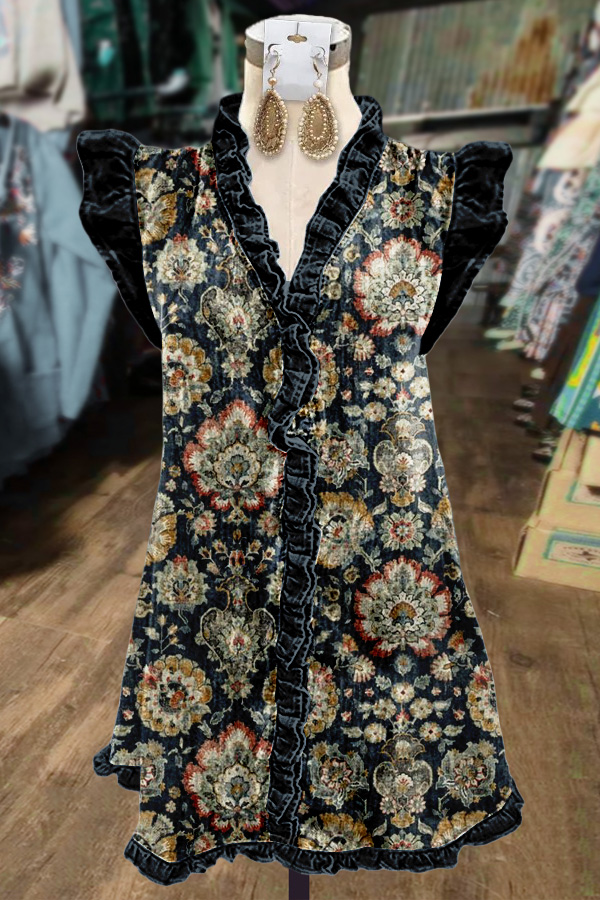 Western Print Ruffle Neck Dress