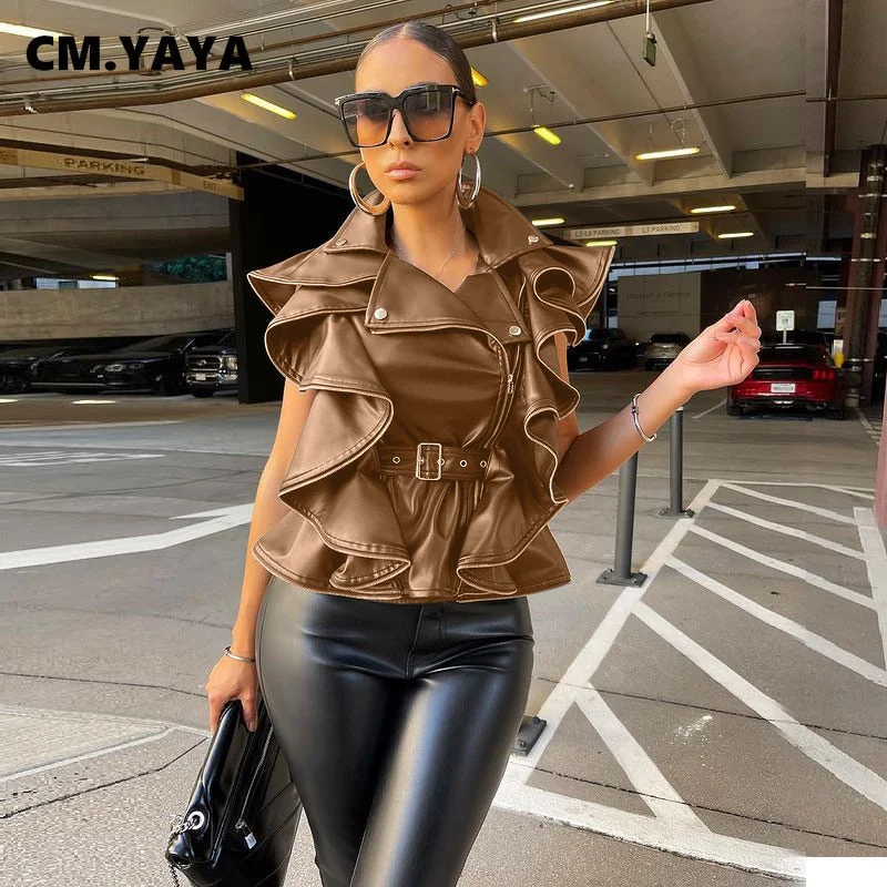 CM.YAYA Women Faux Leather Ruffles Flare Moto Biker Style PU Leather Jacket Outcoat