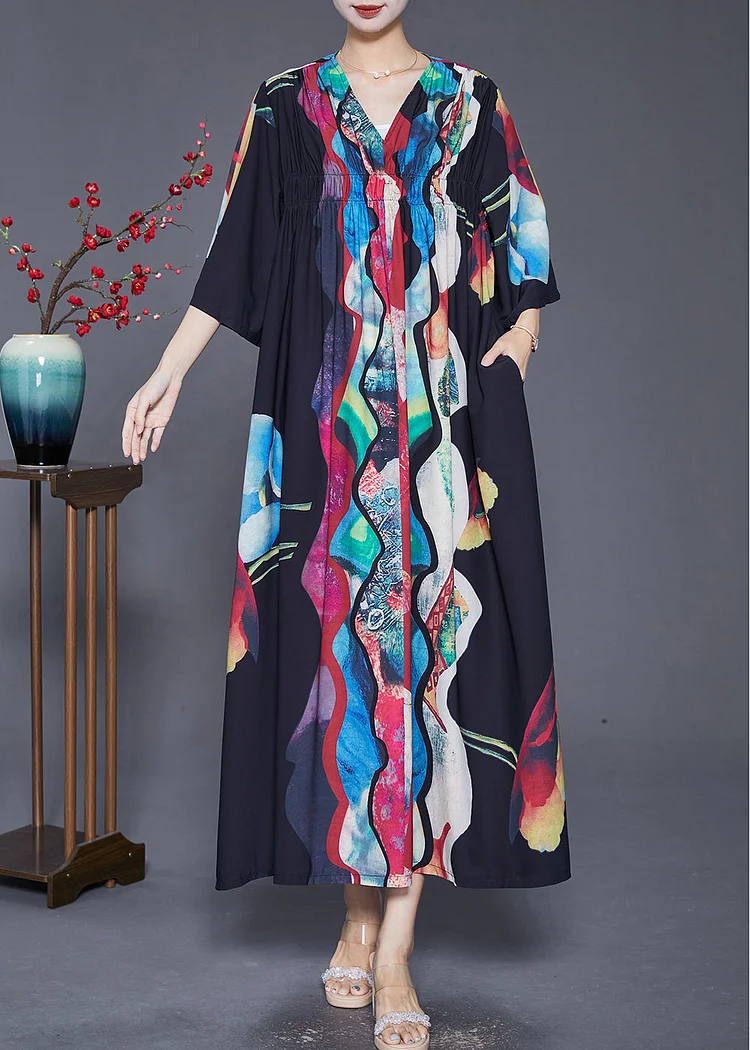Vintage Black Oversized Wrinkled Print Chiffon Long Dress Summer