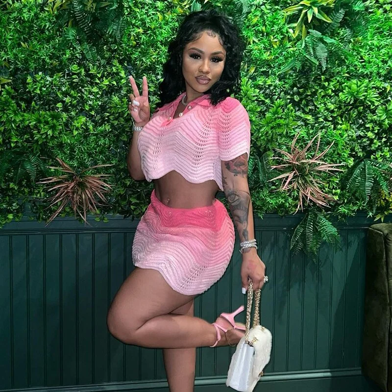BIIKPIIK Gradient Tie Dye Knitted Two Piece Sets Elegant Female Short Sleeve Crop Tops Matching Cute Mini Skirts For Women Party
